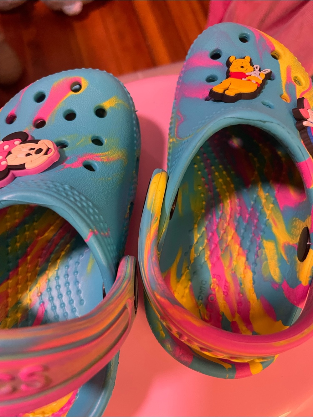 CROCS Kids Tie-Dye Blue Yellow Pink Slip-On Clogs with Character Charms - Picture 5 of 5
